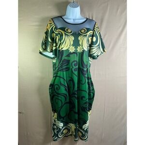 Green Baroque Floral Mesh Yoke Sweetheart Flutter Sleeve Bodycon Knee Dress